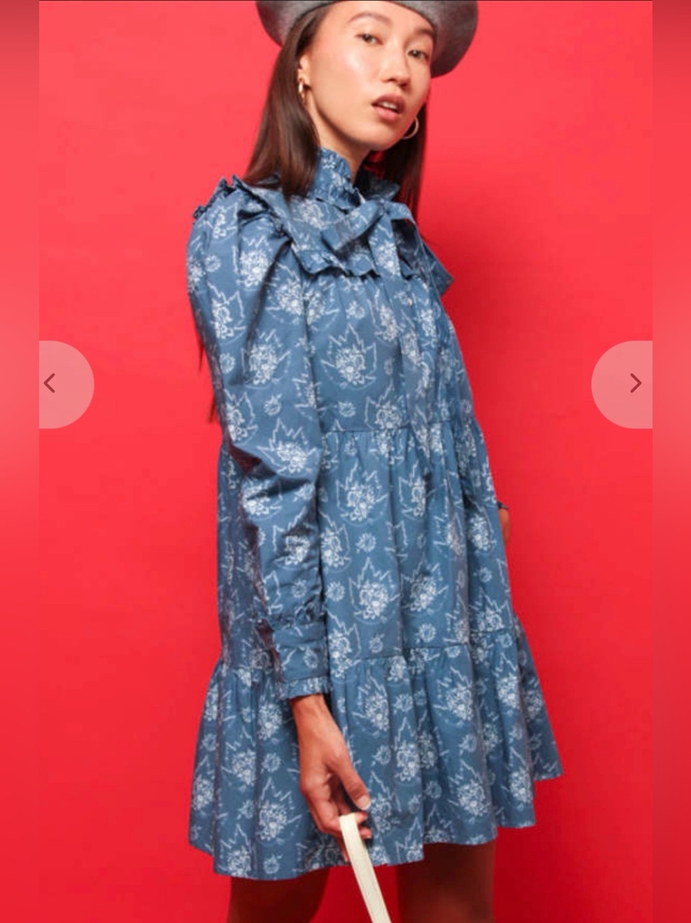 Batsheva Mina Antique Blue Floral Ruffle Puff Sleeve Mini Dress NWOT Size 4